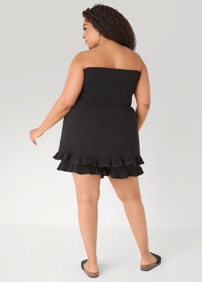 Ashley Stewart Strapless Smocked Ruffled Romper Black