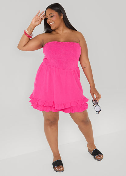 Ashley Stewart Strapless Smocked Ruffled Romper Black