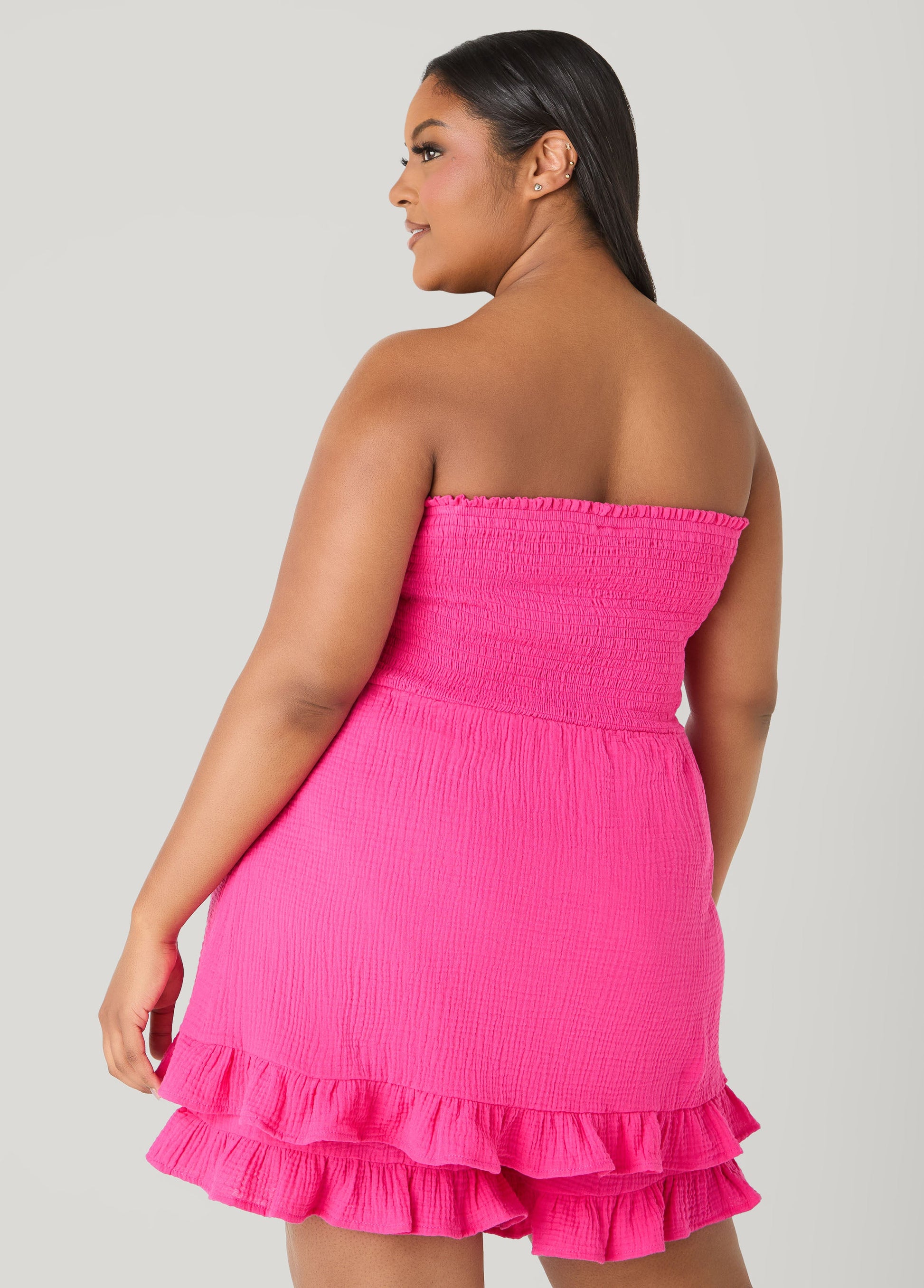 Ashley Stewart Strapless Smocked Ruffled Romper Black