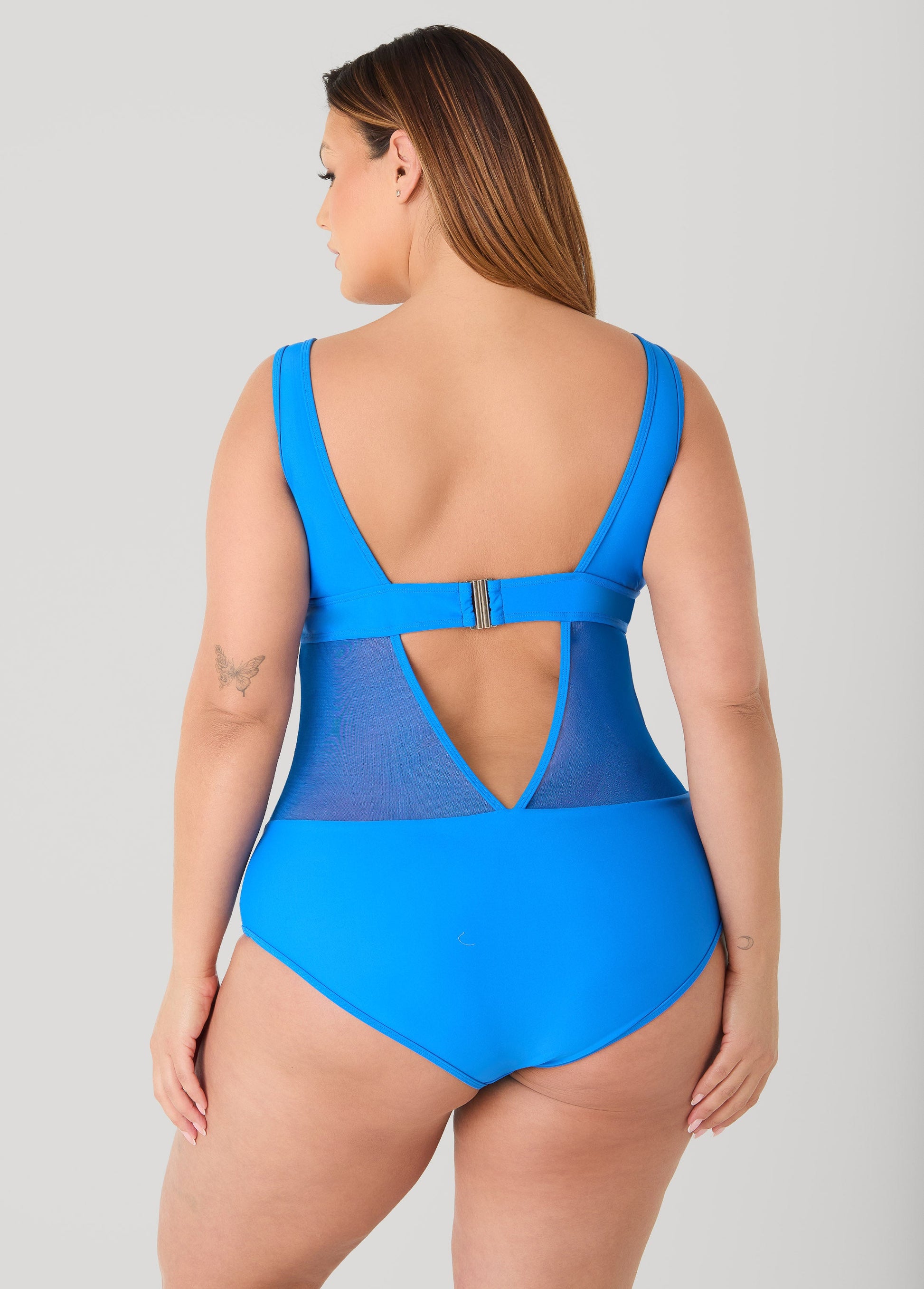 Ashley Stewart Mesh Paneled V Back Swimsuit Victoria Blue