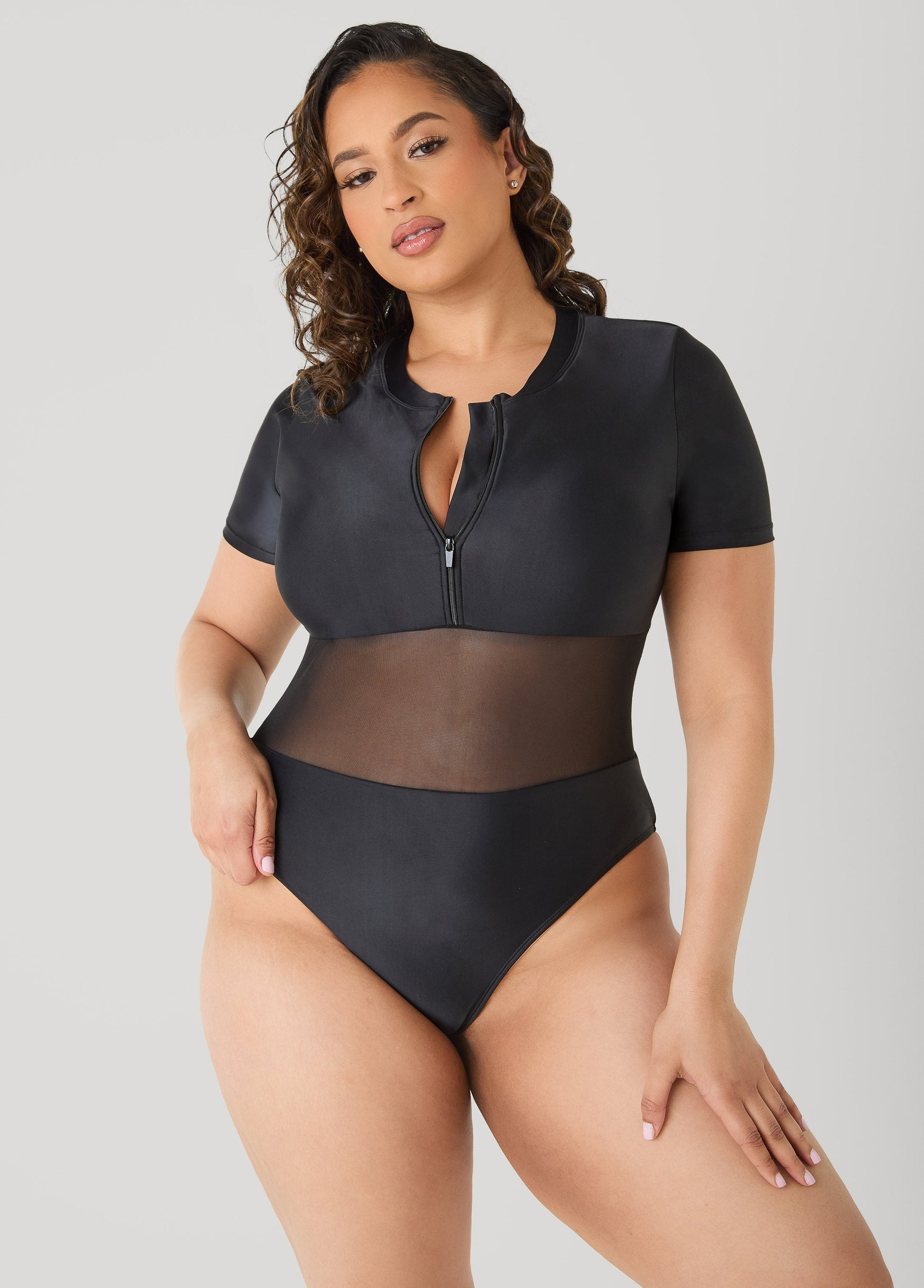 Ashley Stewart Paneled Zip Front Swimsuit Black