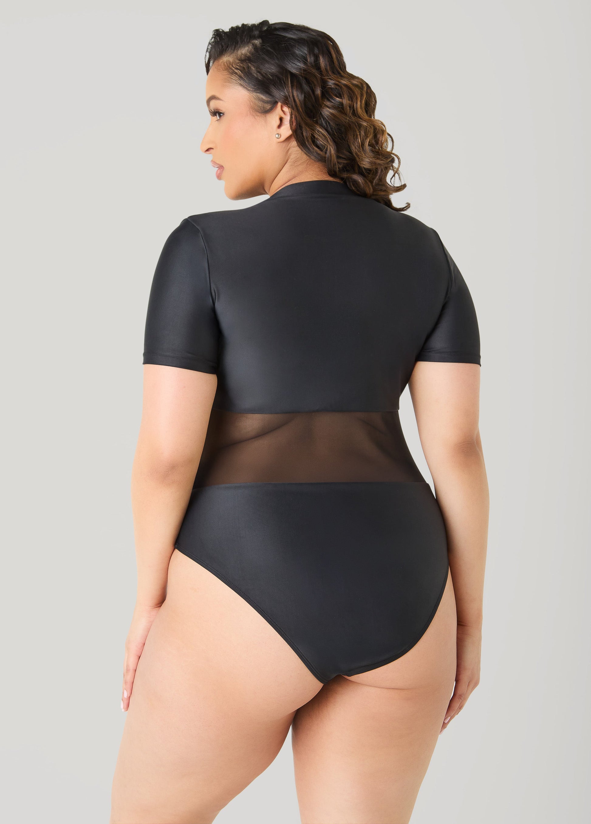 Ashley Stewart Paneled Zip Front Swimsuit Black