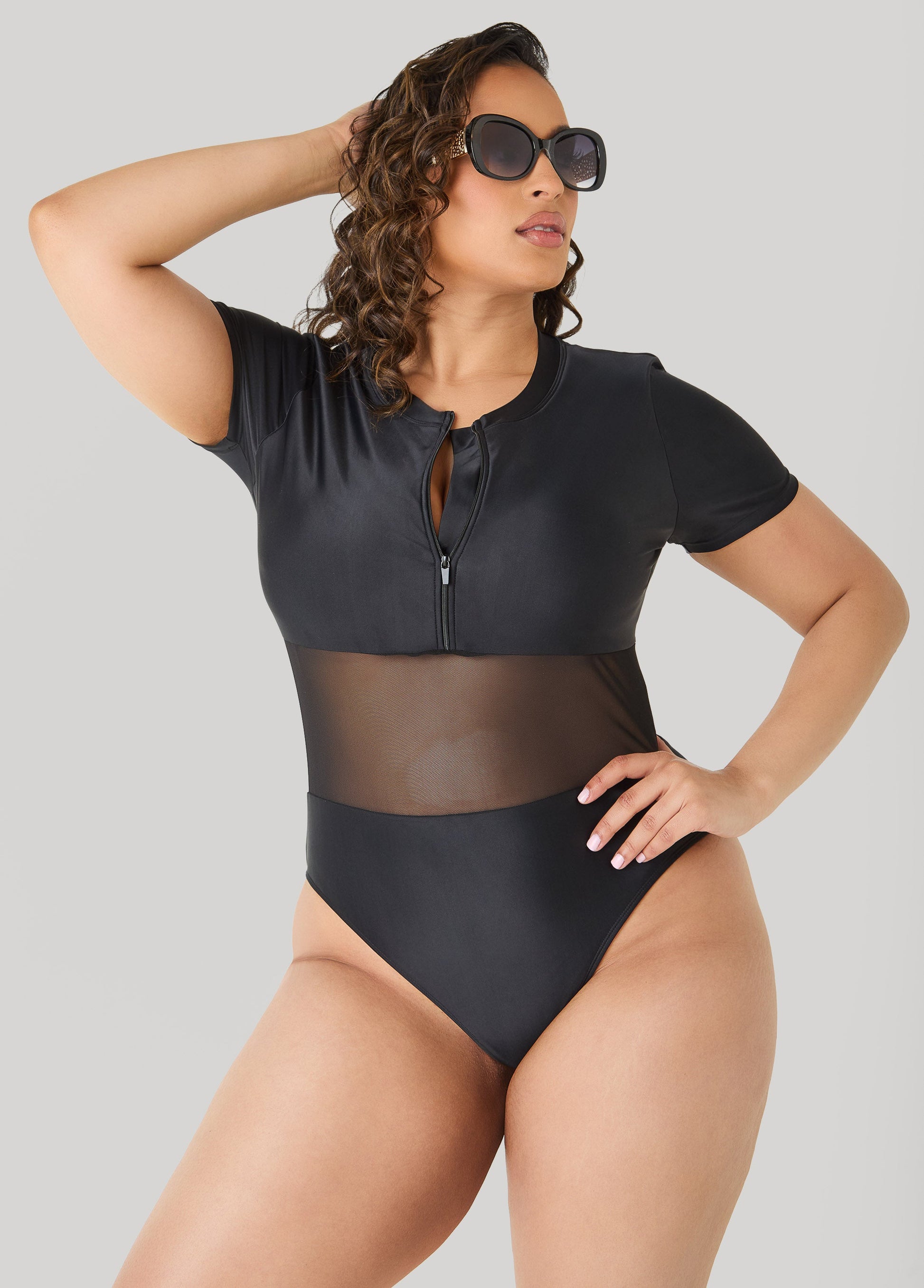 Ashley Stewart Paneled Zip Front Swimsuit Black