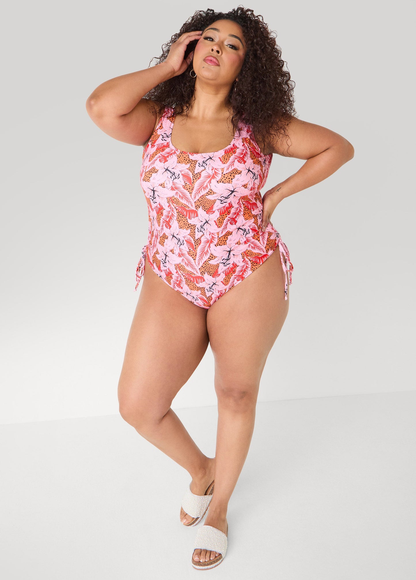 Ashley Stewart Floral Drawstring Swimsuit Multi
