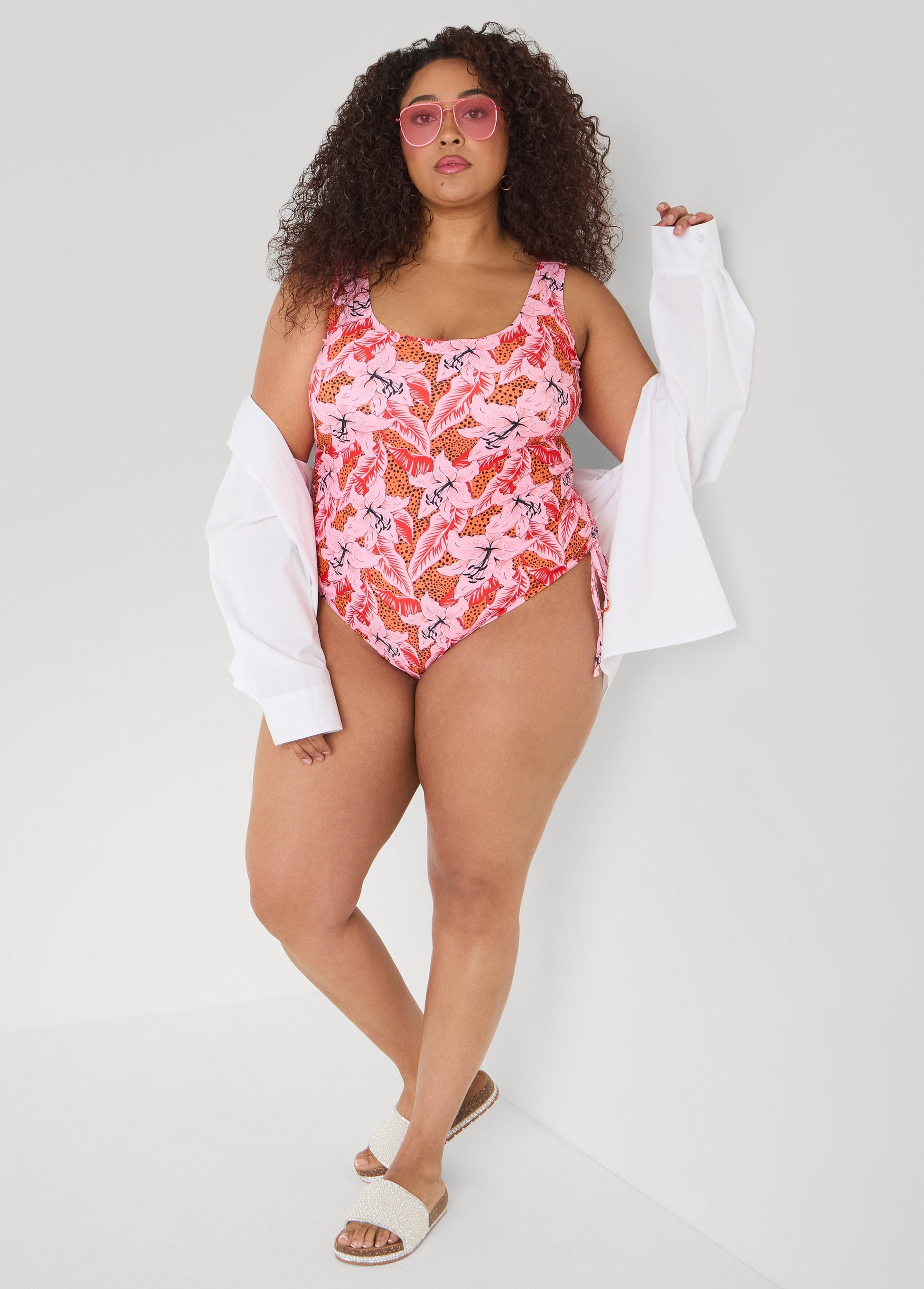 Ashley Stewart Floral Drawstring Swimsuit Multi