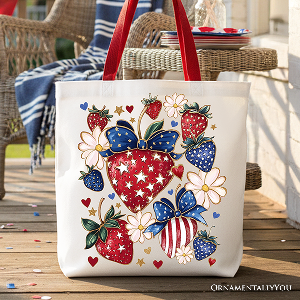 Ashley Stewart Patriotic Strawberries Tote Bag Red Handle