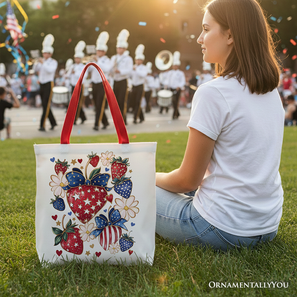 Ashley Stewart Patriotic Strawberries Tote Bag Red Handle
