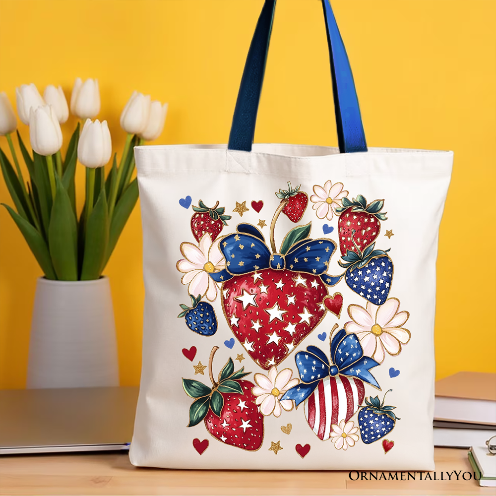 Ashley Stewart Patriotic Strawberries Tote Bag Red Handle