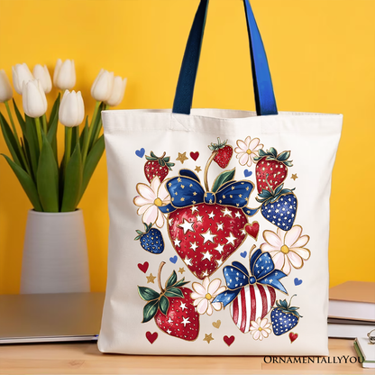 Ashley Stewart Patriotic Strawberries Tote Bag Red Handle