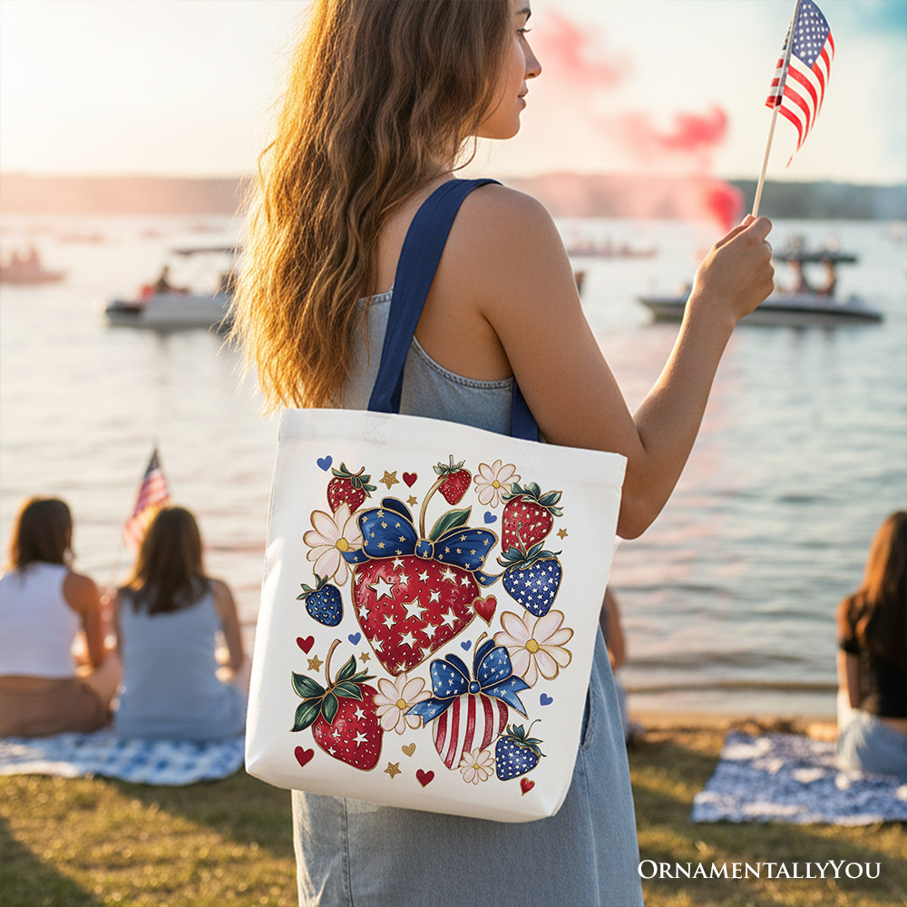 Ashley Stewart Patriotic Strawberries Tote Bag Red Handle