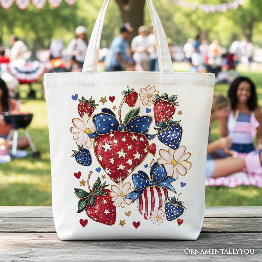 Ashley Stewart Patriotic Strawberries Tote Bag Red Handle
