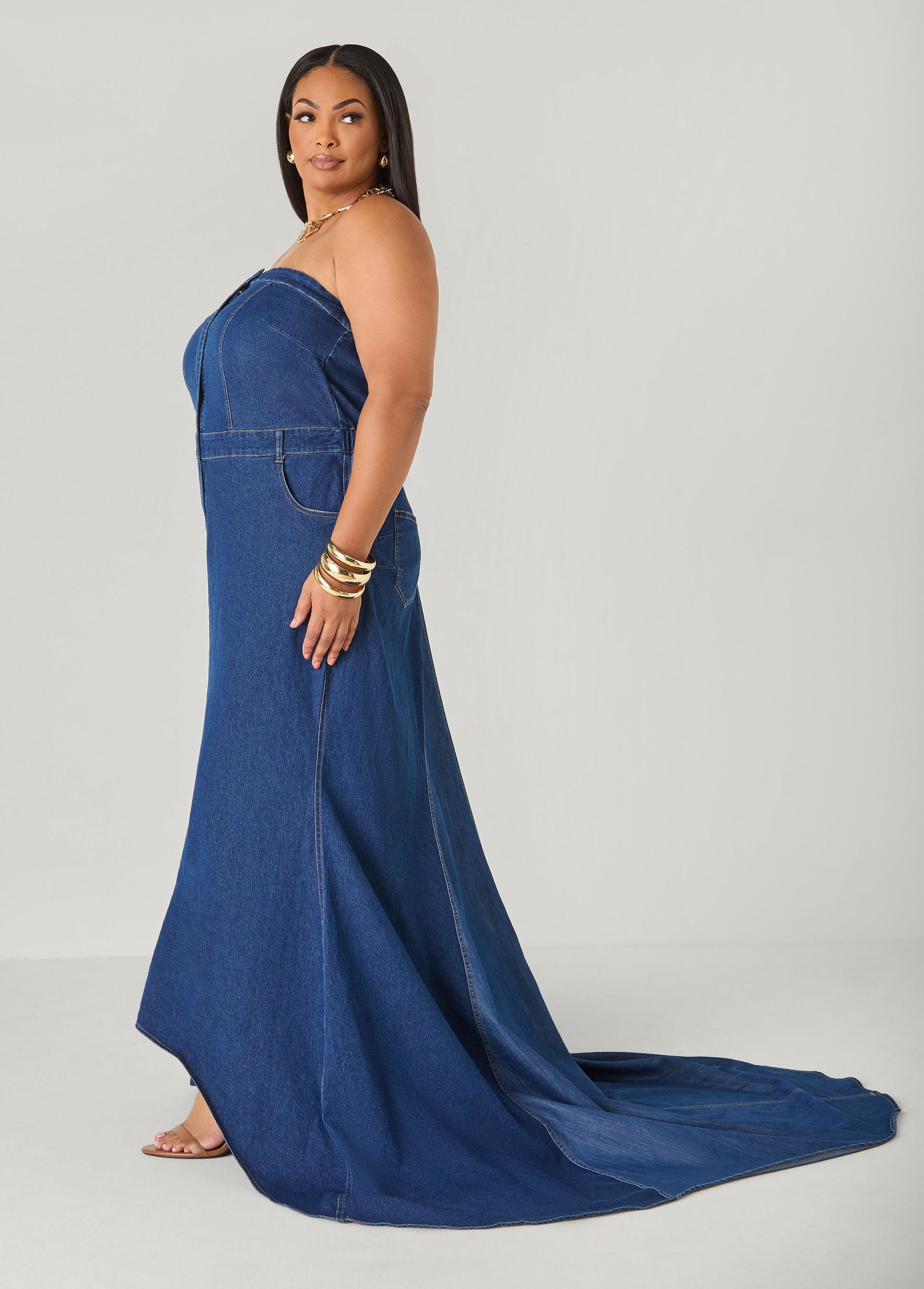 Ashley Stewart Tall Strapless Denim Paneled Maxi Dress Indigo