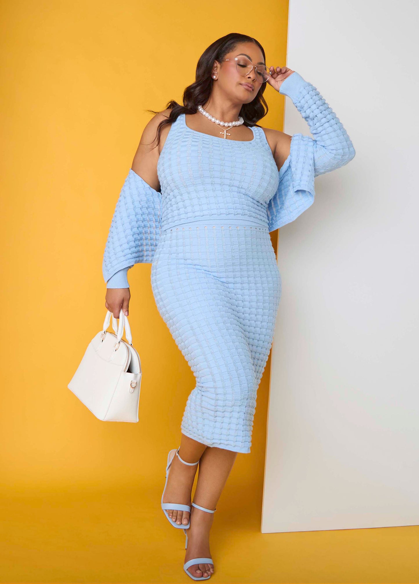 Ashley Stewart Checked Textured Midi Skirt POWDER BLUE