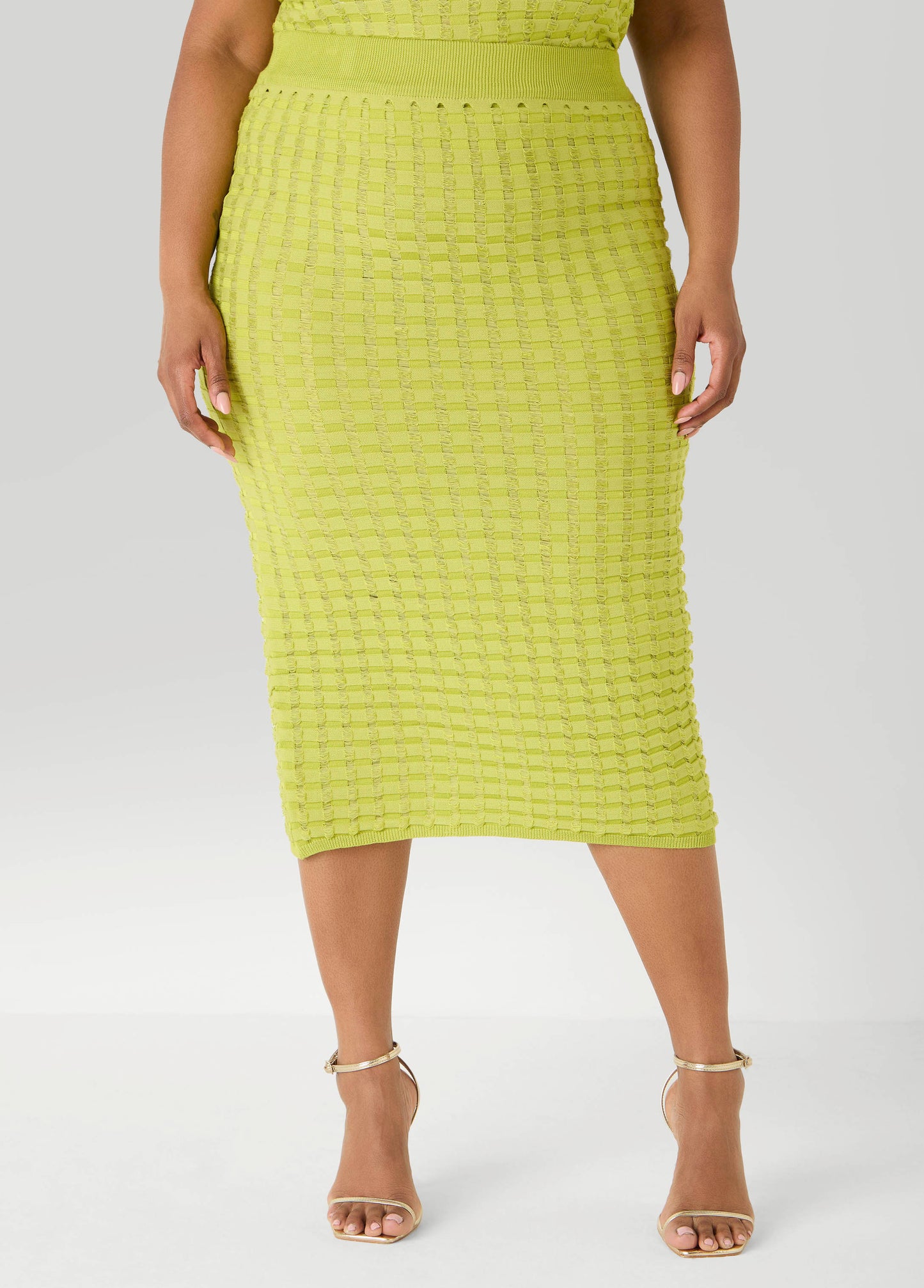 Ashley Stewart Textured Checked Midi Skirt Apple Green