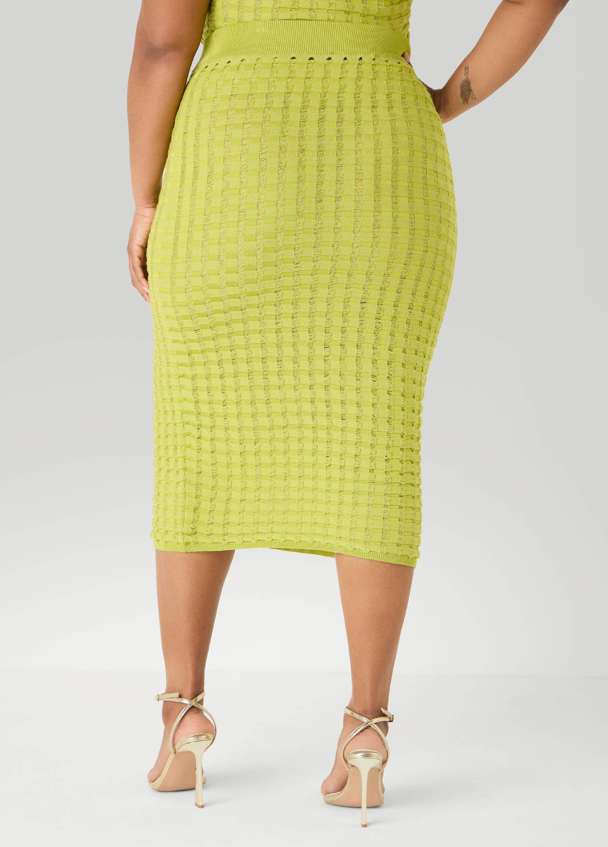Ashley Stewart Textured Checked Midi Skirt Apple Green