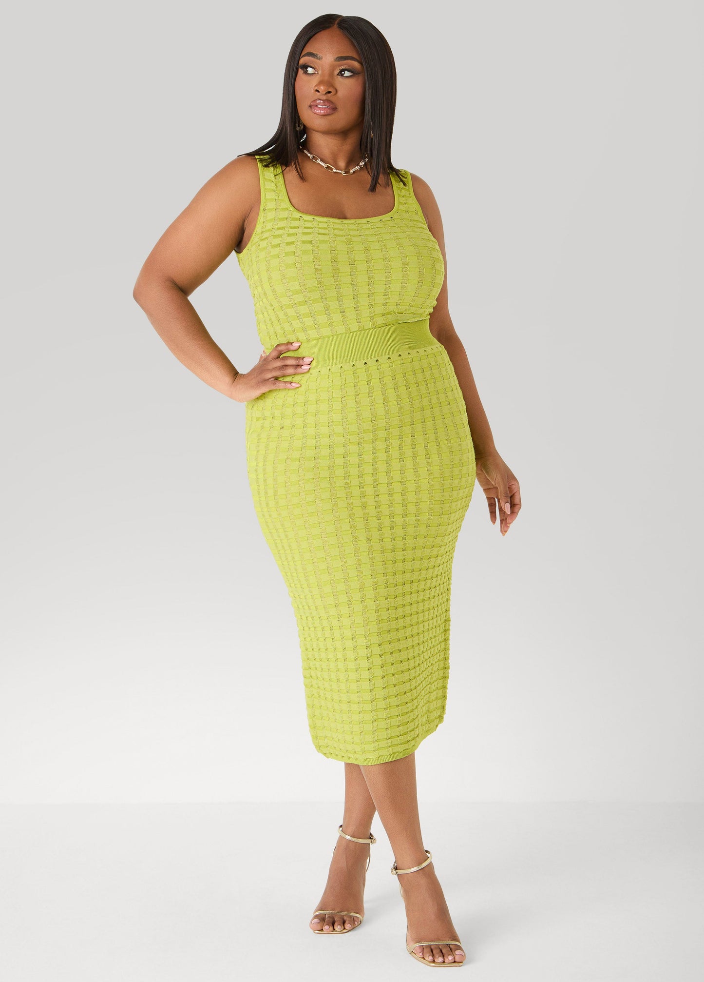 Ashley Stewart Textured Checked Midi Skirt Apple Green