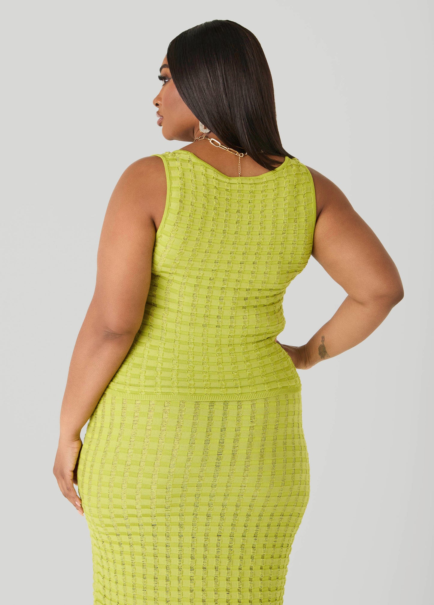 Ashley Stewart Textured Knit Checked Tank Apple Green