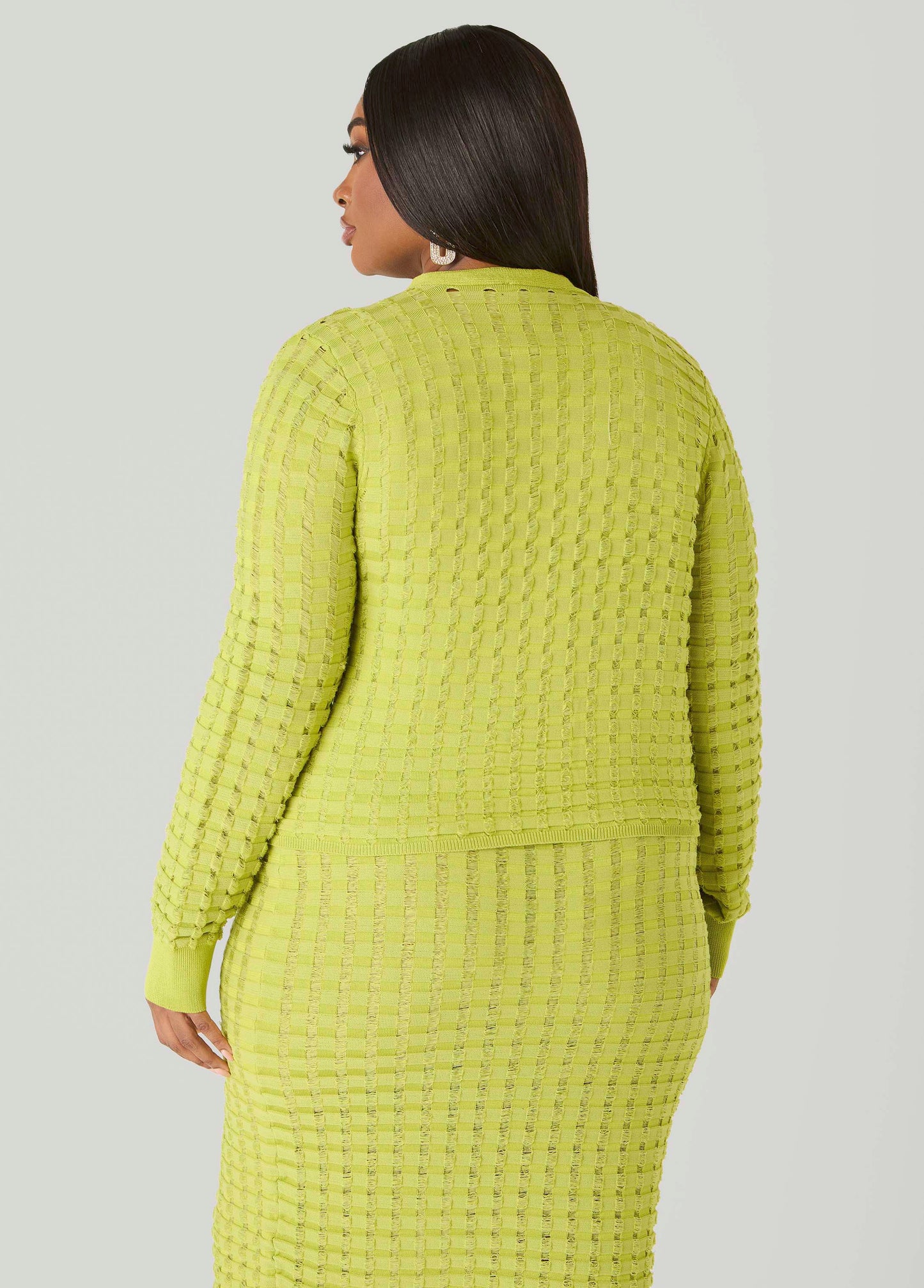 Ashley Stewart Textured Knit Checked Cardigan Apple Green