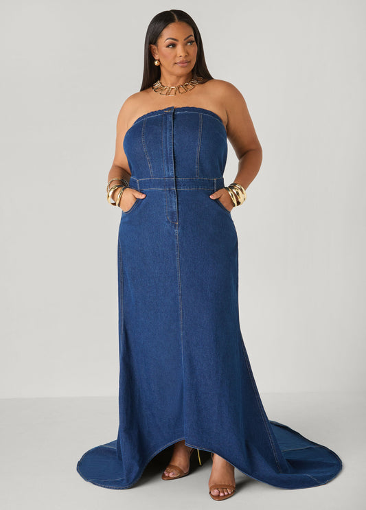 Ashley Stewart Strapless Denim Paneled Maxi Dress Indigo