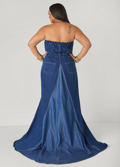 Ashley Stewart Strapless Denim Paneled Maxi Dress Indigo