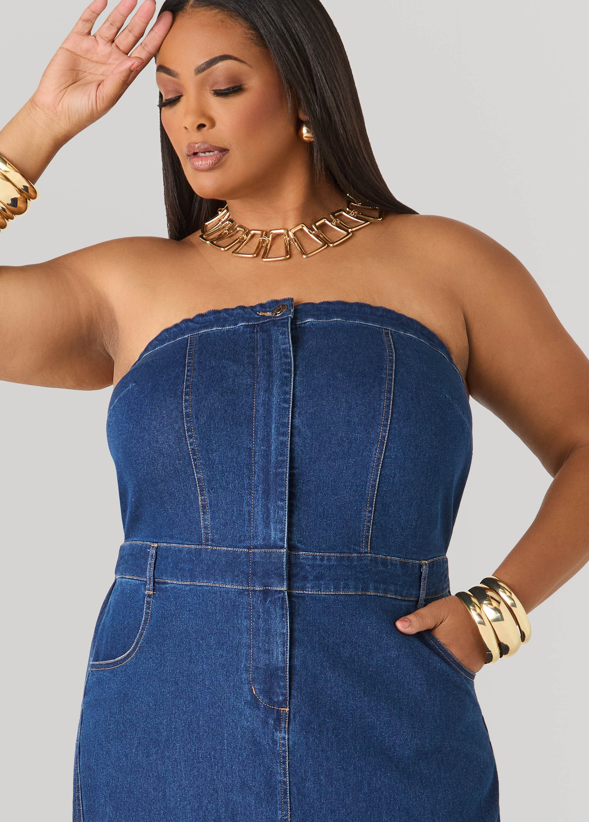 Ashley Stewart Strapless Denim Paneled Maxi Dress Indigo