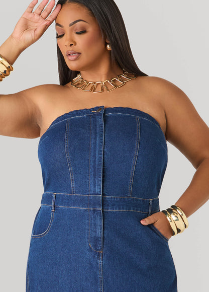 Ashley Stewart Strapless Denim Paneled Maxi Dress Indigo