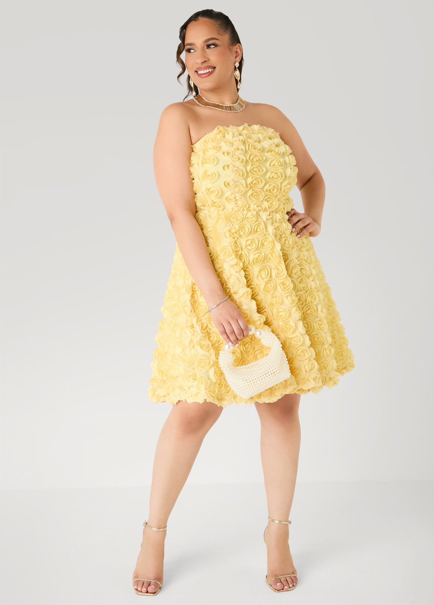 Ashley Stewart Strapless Rosette A Line Dress Yellow