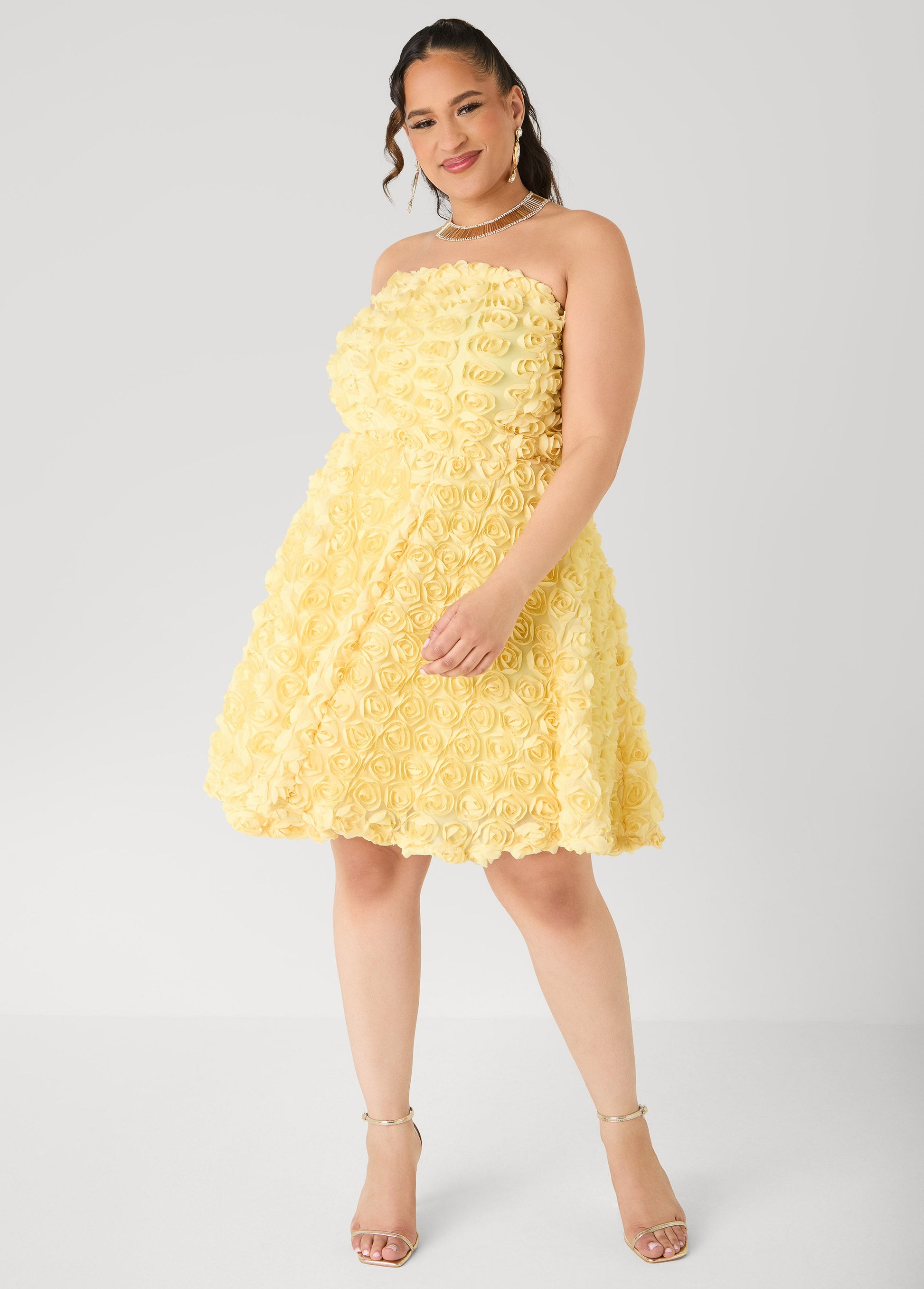 Ashley Stewart Strapless Rosette A Line Dress Yellow