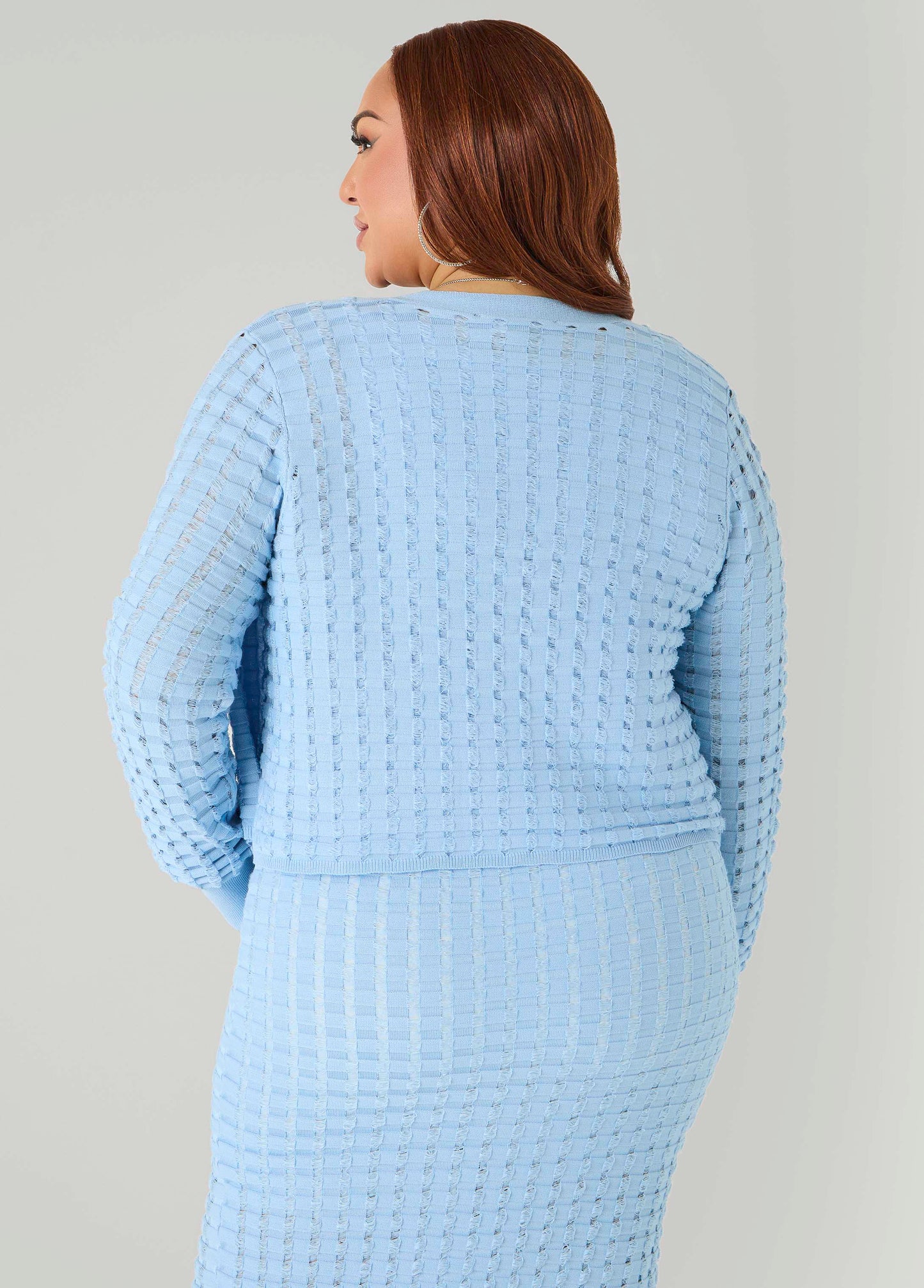 Ashley Stewart Checked Textured Knit Cardigan POWDER BLUE