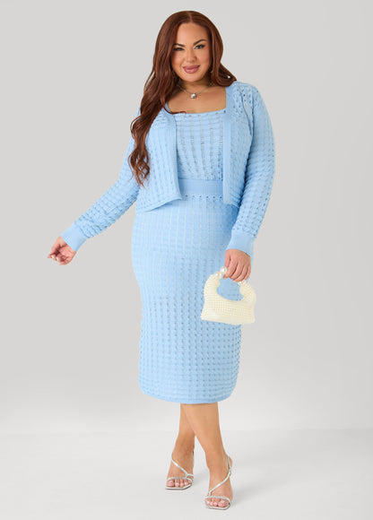 Ashley Stewart Checked Textured Knit Cardigan POWDER BLUE