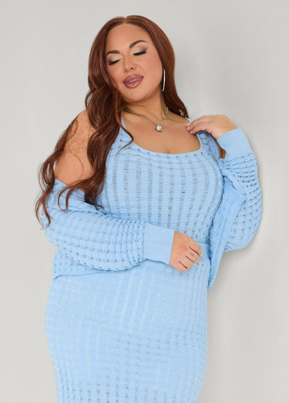 Ashley Stewart Checked Textured Knit Cardigan POWDER BLUE