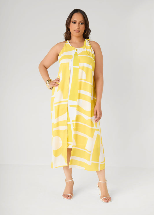 Ashley Stewart Cape Effect Abstract Midaxi Dress Primrose Yellow