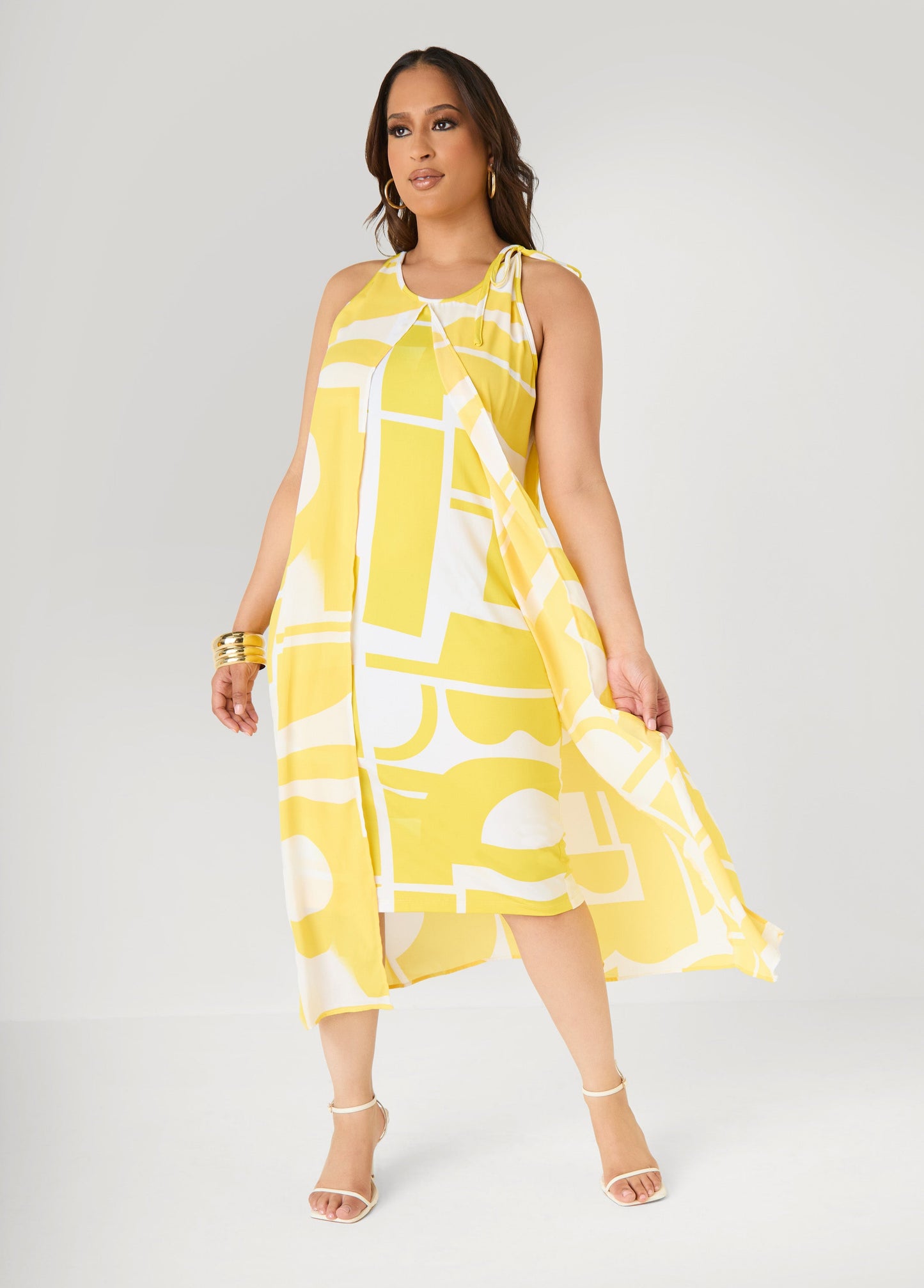 Ashley Stewart Cape Effect Abstract Midaxi Dress Primrose Yellow