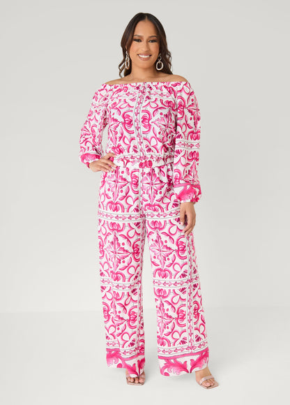 Ashley Stewart Off The Shoulder Floral Jumpsuit Fandango Pink