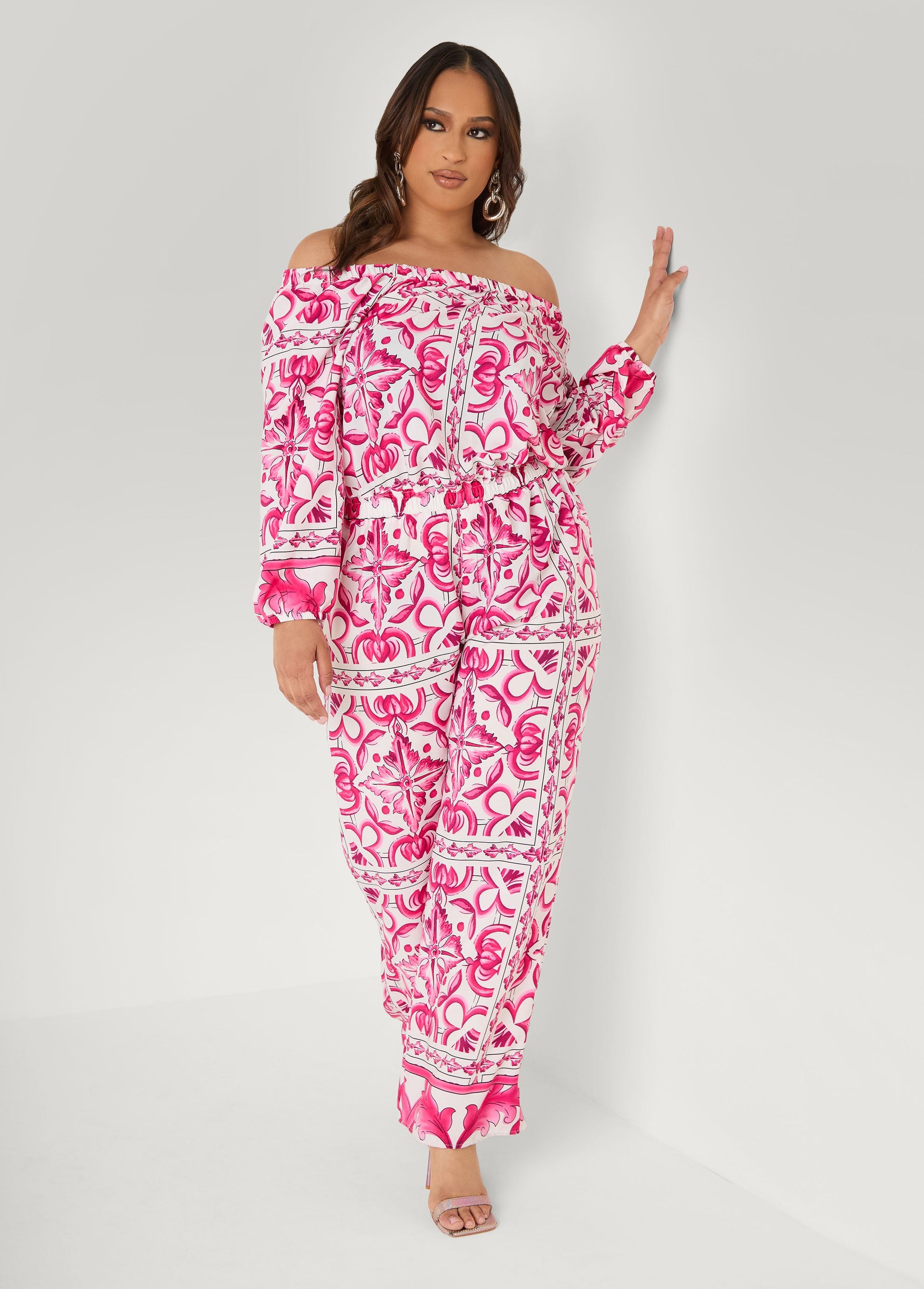 Ashley Stewart Off The Shoulder Floral Jumpsuit Fandango Pink