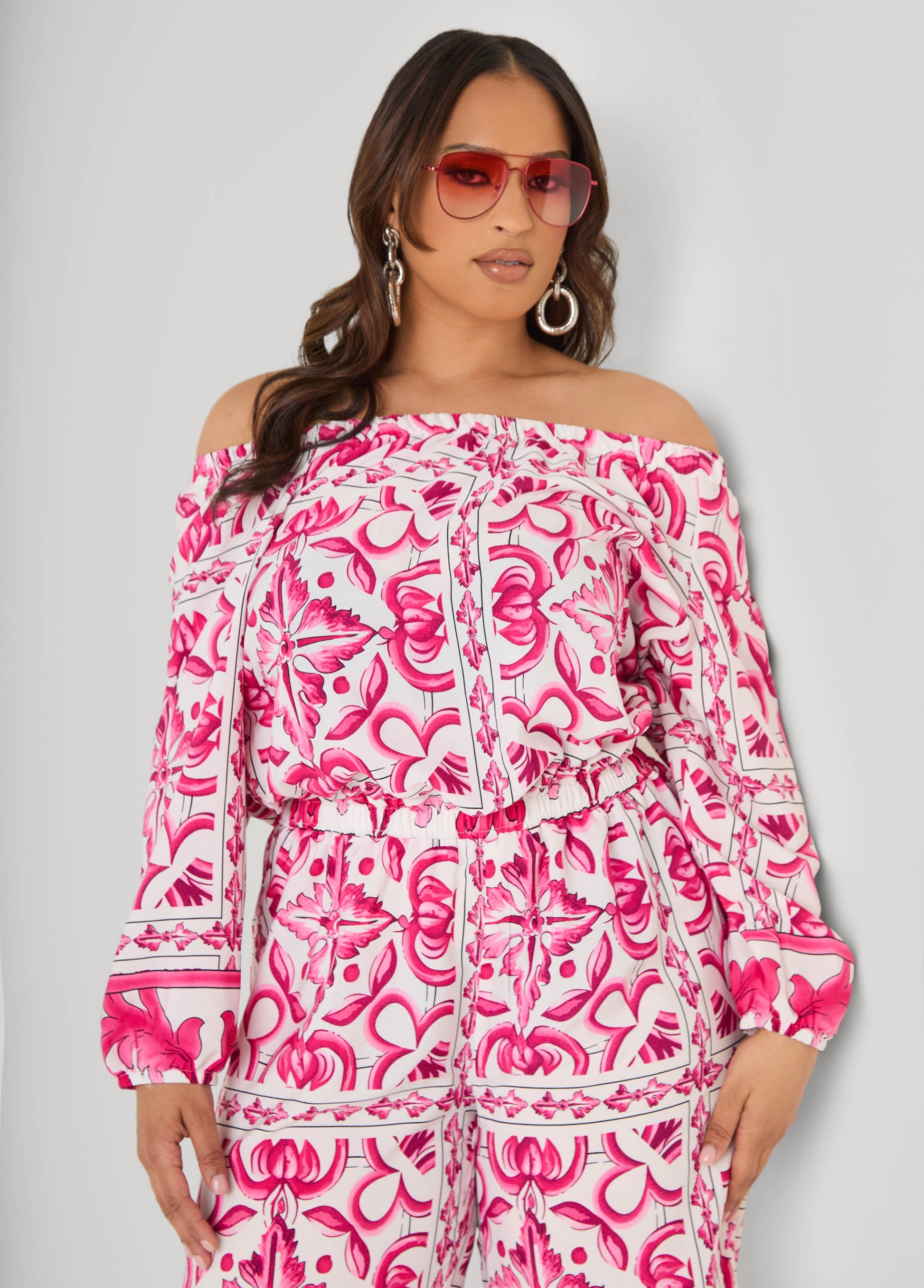 Ashley Stewart Off The Shoulder Floral Jumpsuit Fandango Pink