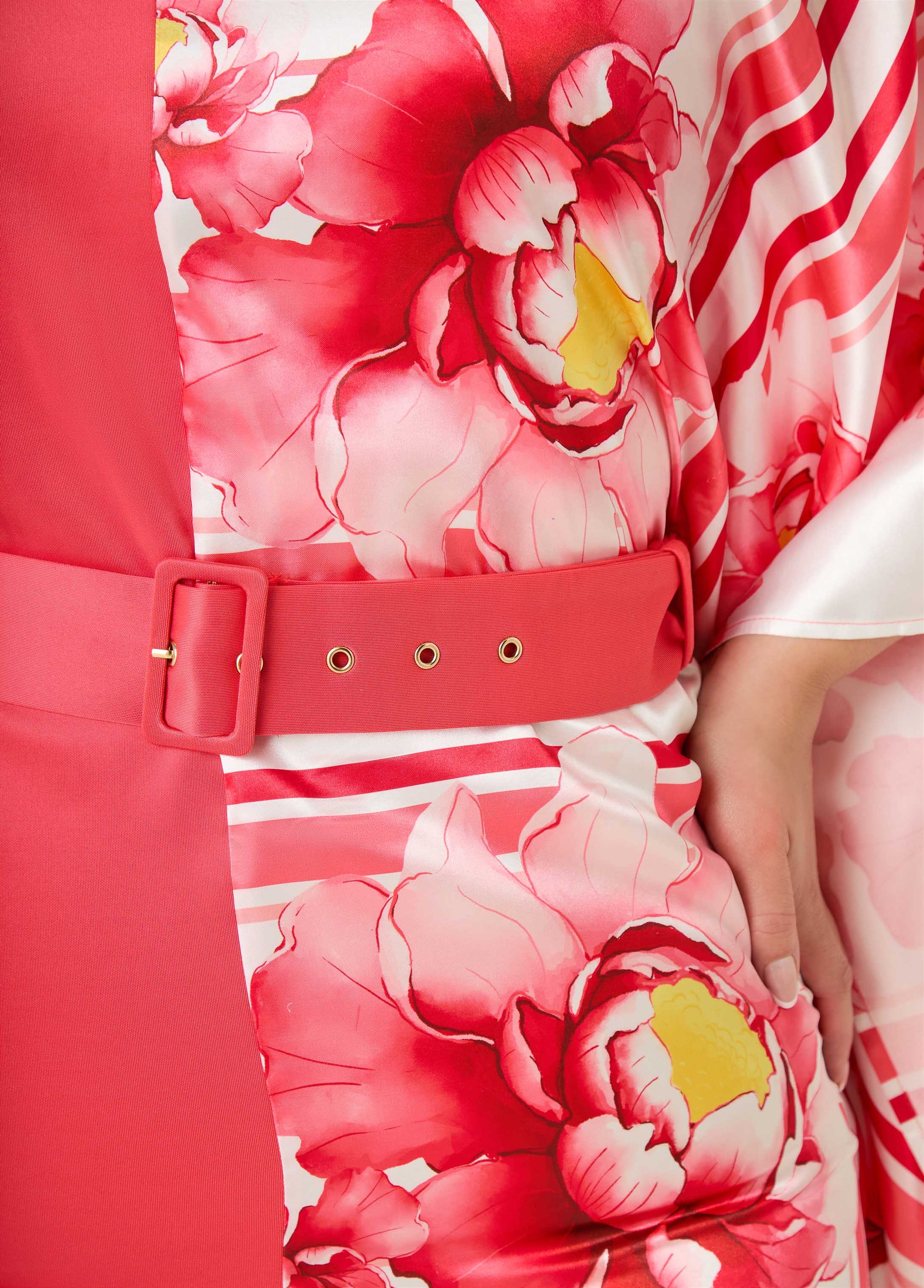 Ashley Stewart Paneled Floral Satin Dress Calypso Coral
