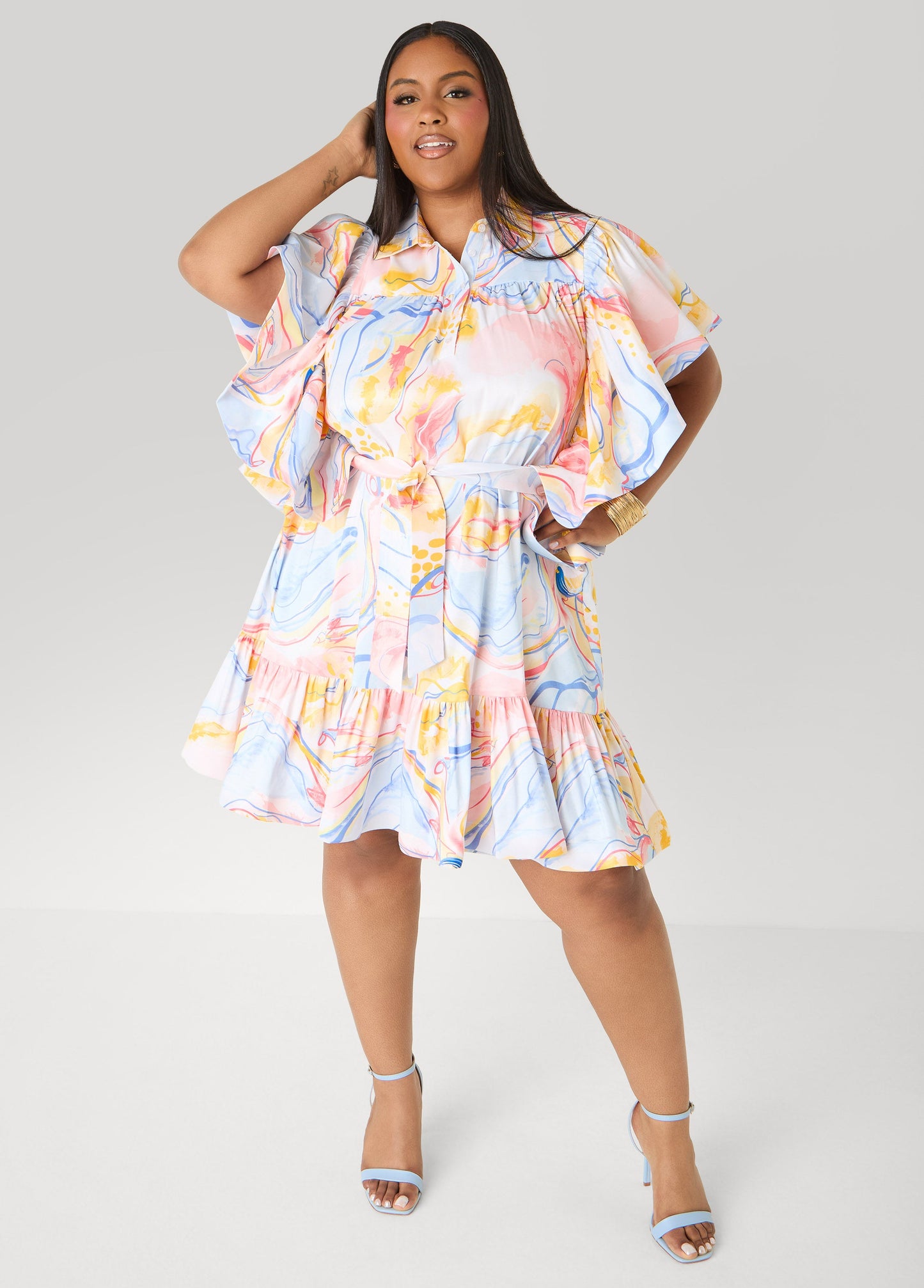 Ashley Stewart Ruffled Watercolor Dress Multi