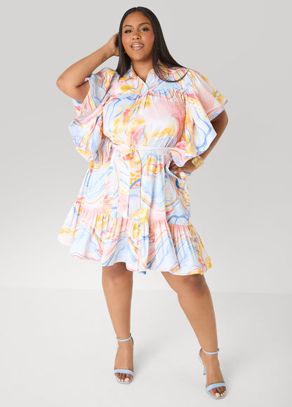 Ashley Stewart Ruffled Watercolor Dress Multi