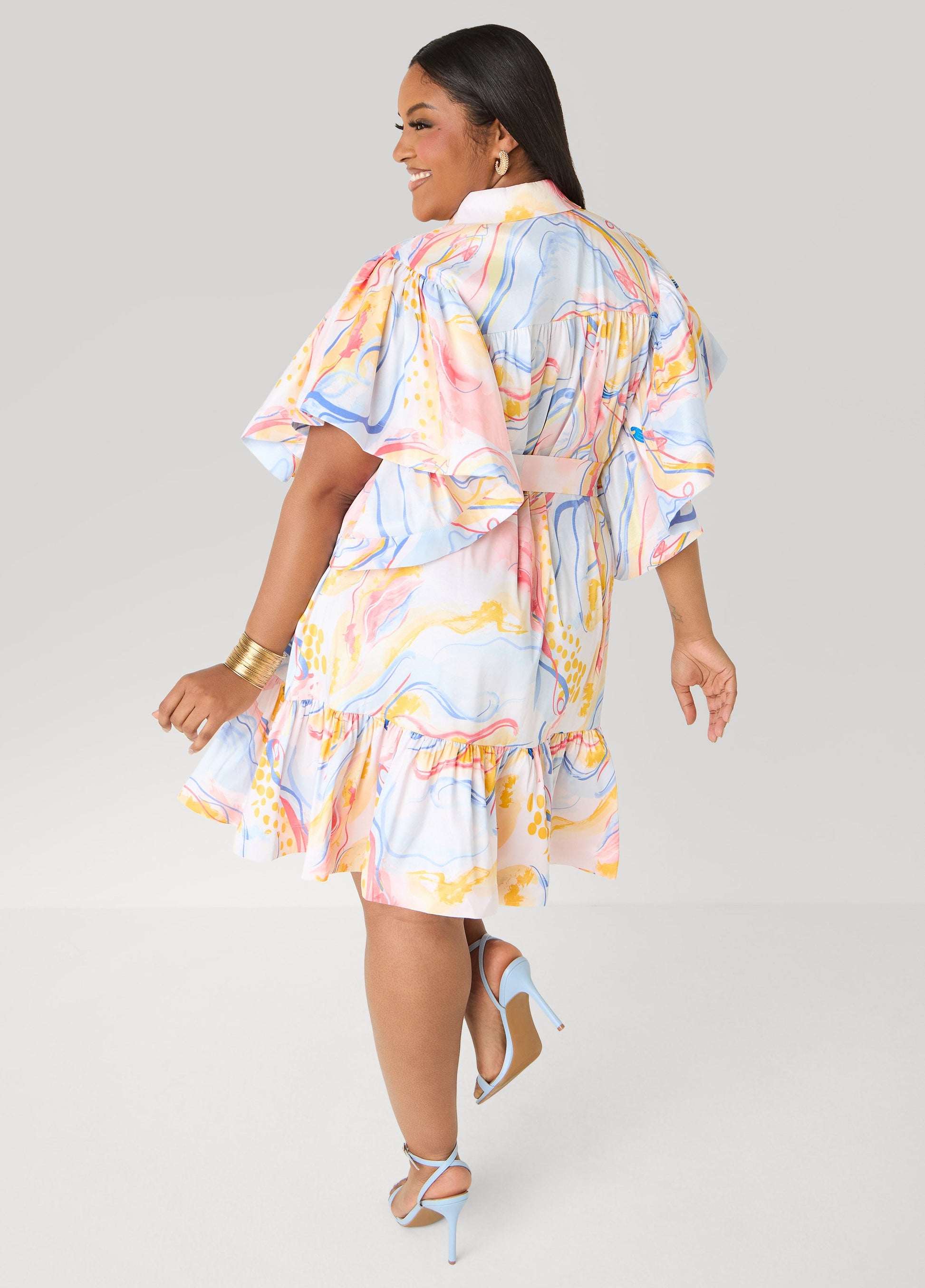 Ashley Stewart Ruffled Watercolor Dress Multi