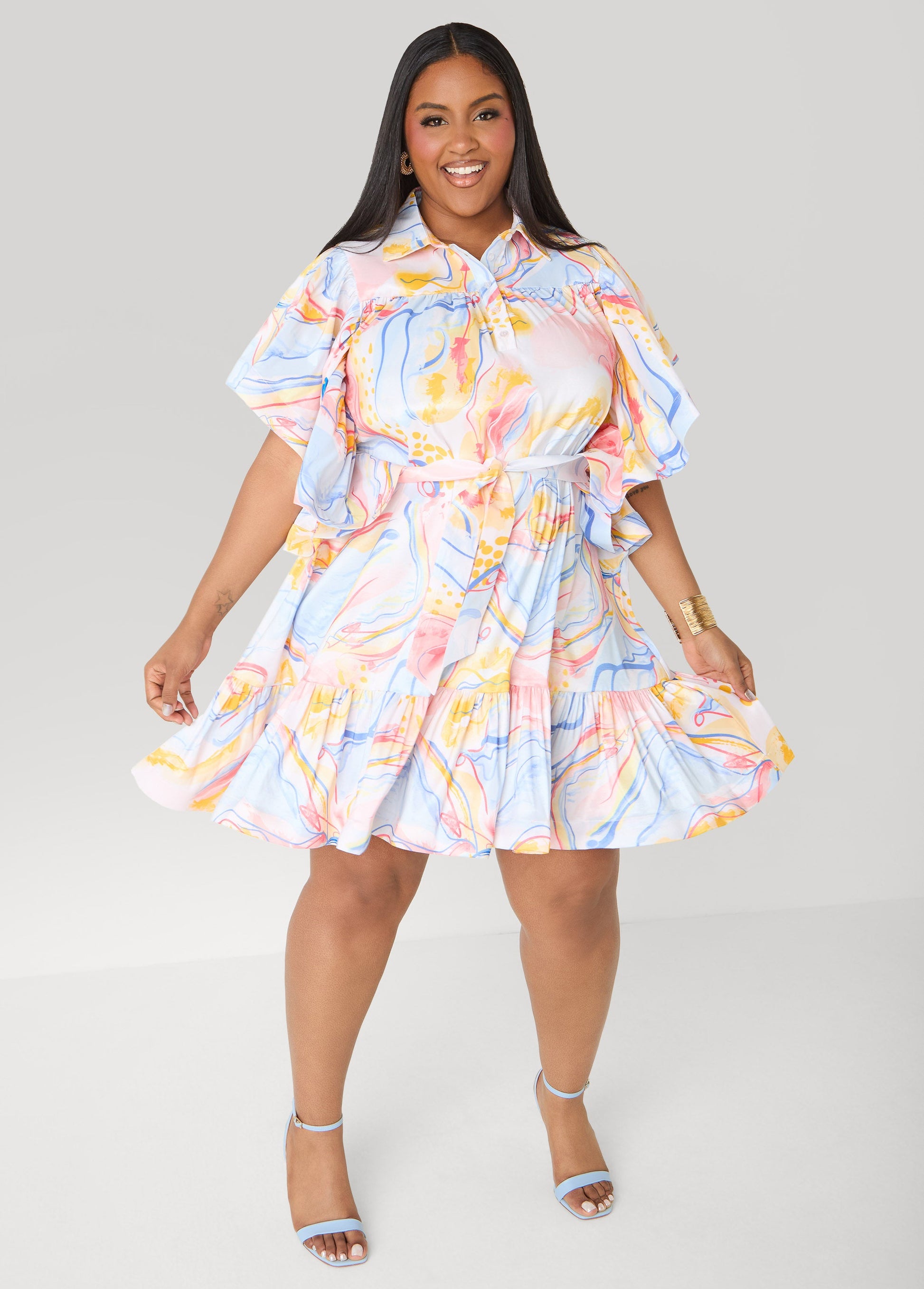 Ashley Stewart Ruffled Watercolor Dress Multi