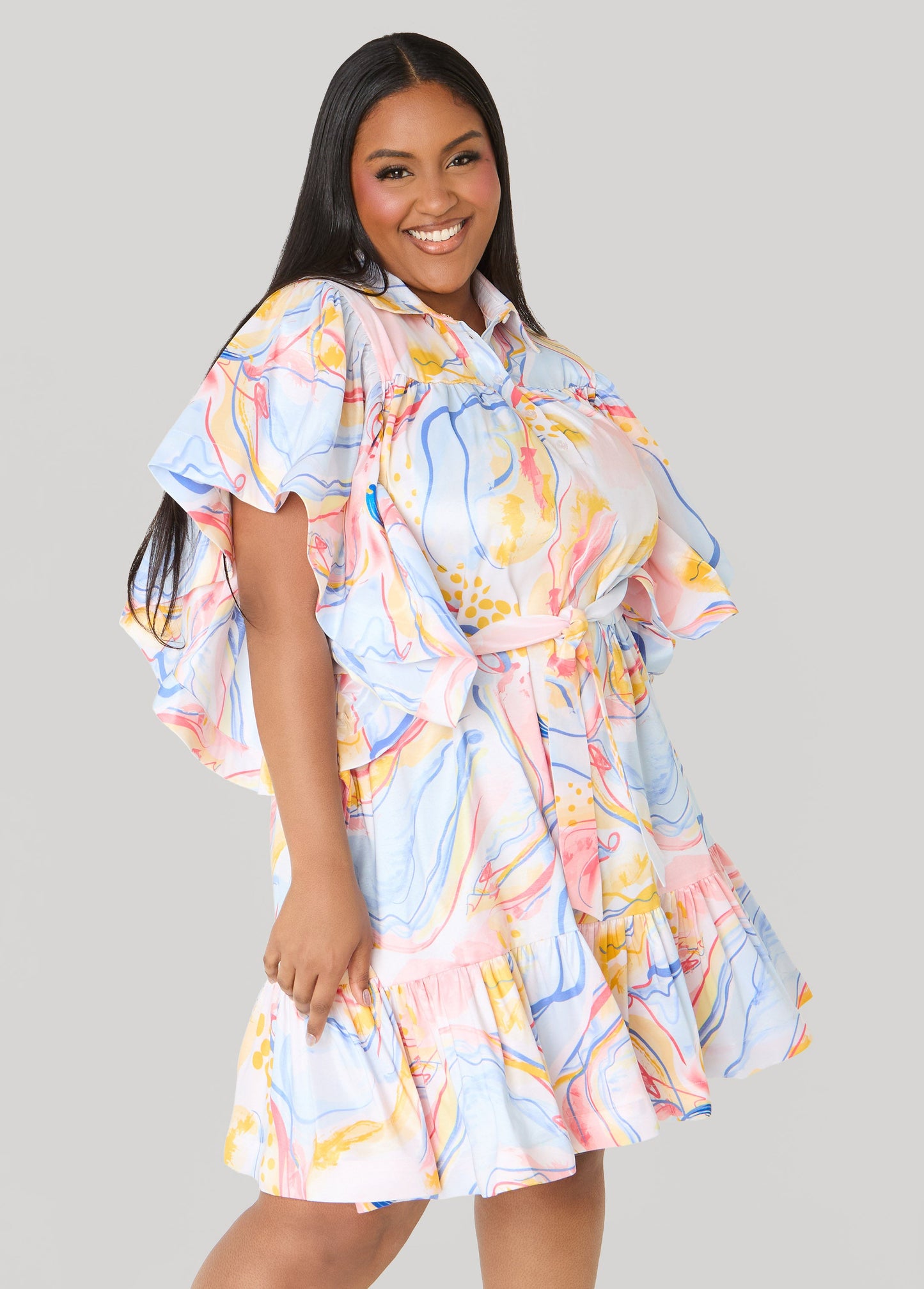 Ashley Stewart Ruffled Watercolor Dress Multi