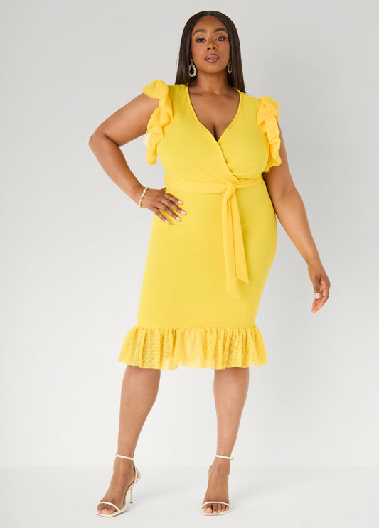 Ashley Stewart Tiered Tulle Sheath Dress Maize