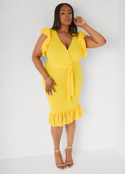 Ashley Stewart Tiered Tulle Sheath Dress Maize