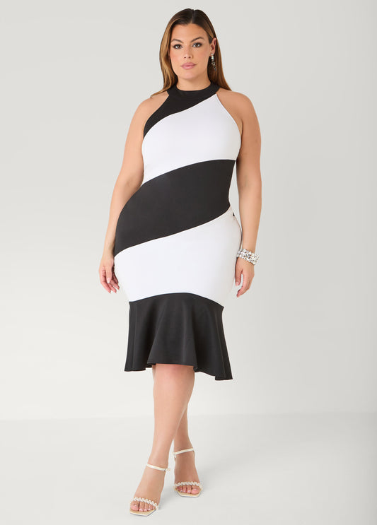 Ashley Stewart Two Tone High Neck Midi Dress Black White