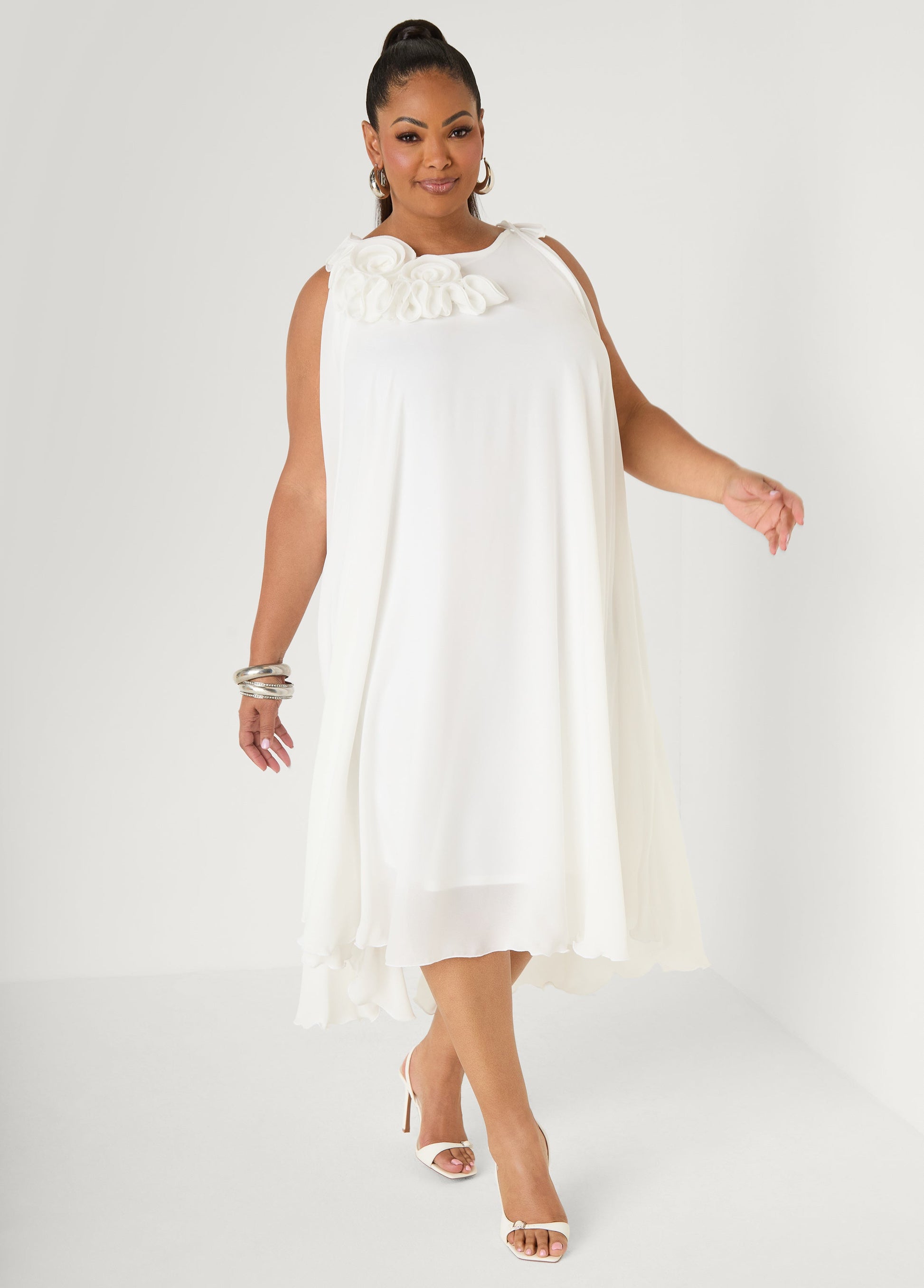 Ashley Stewart Rosette Midi Dress White