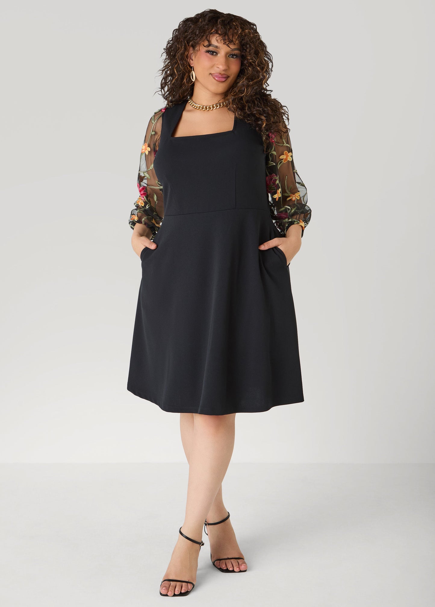 Ashley Stewart Embroidered Sleeve A Line Dress Black
