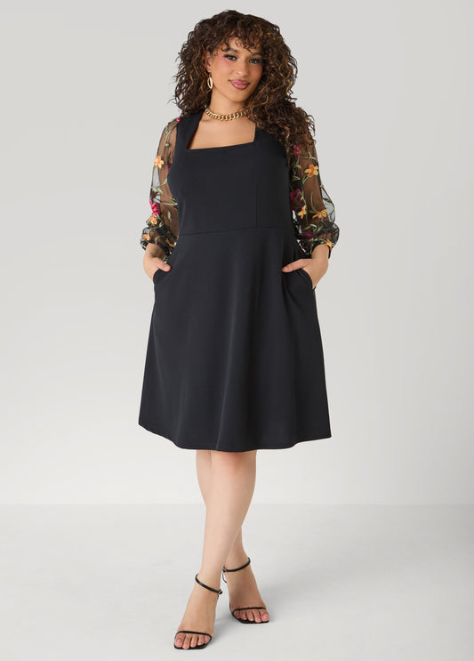 Ashley Stewart Embroidered Sleeve A Line Dress Black