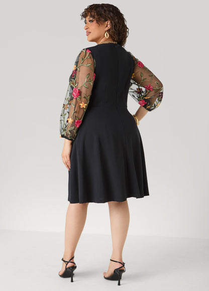 Ashley Stewart Embroidered Sleeve A Line Dress Black