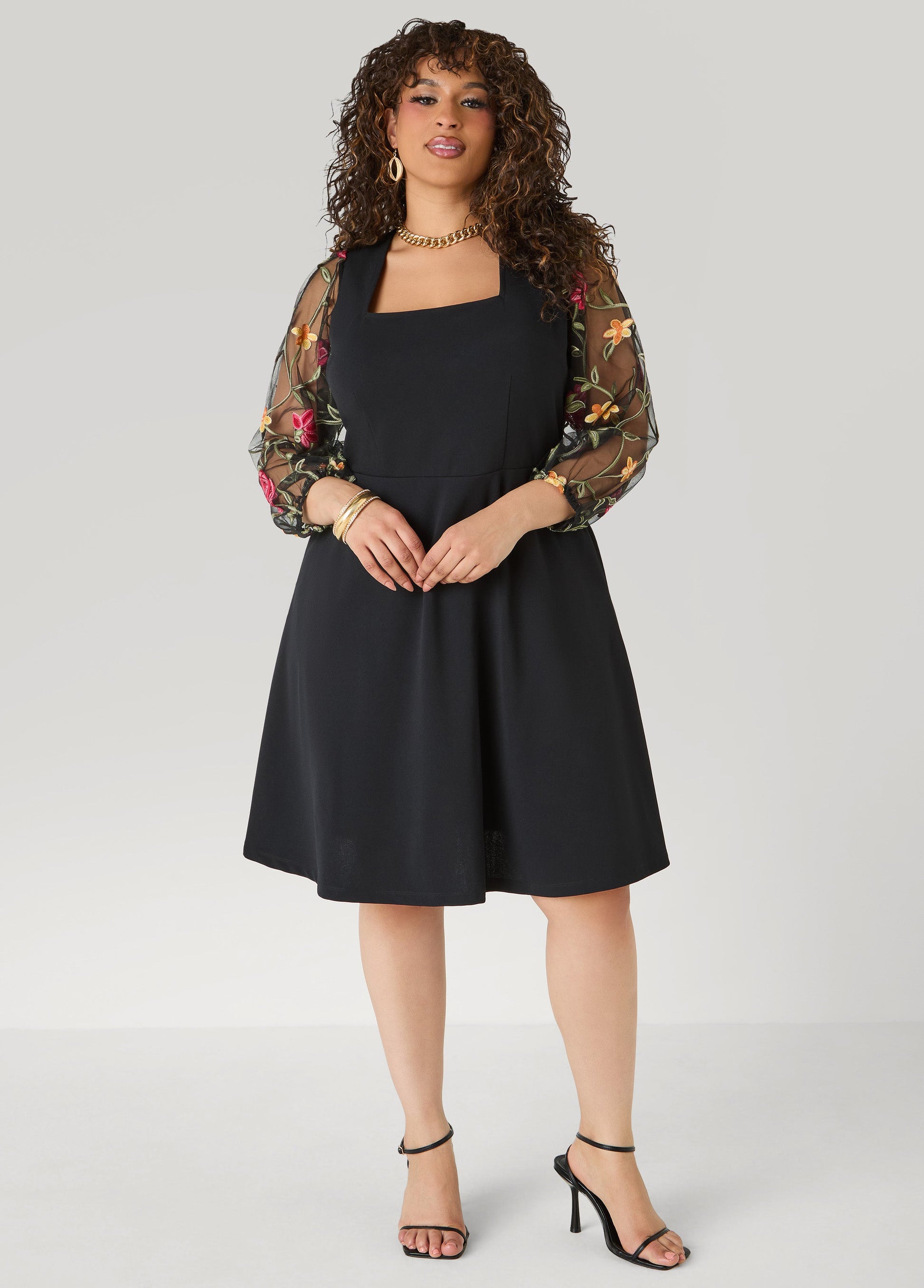 Ashley Stewart Embroidered Sleeve A Line Dress Black